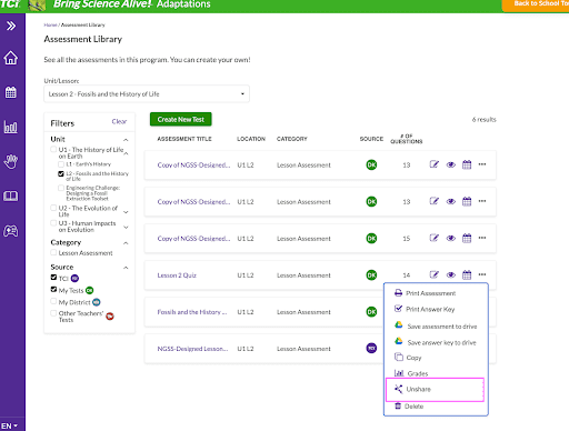 a box highlighting where unshare action is in the assessment library