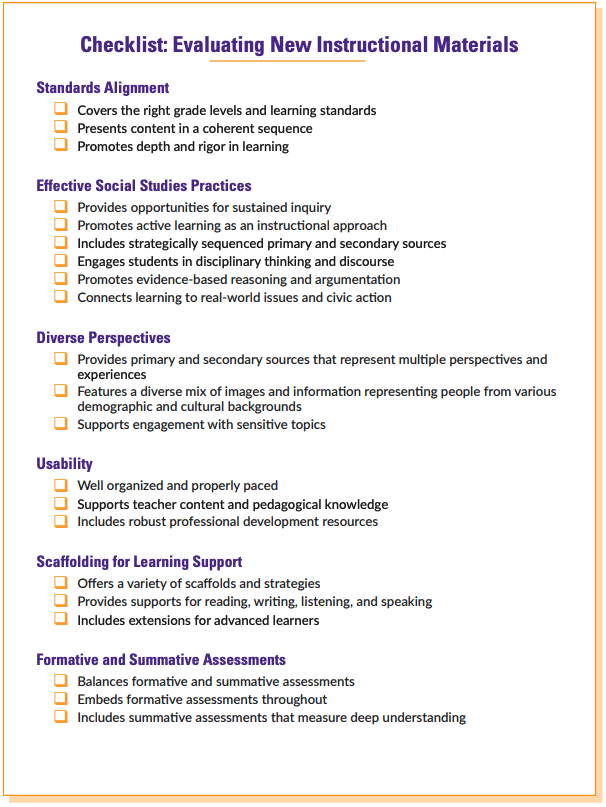 a checklist of criteria for evaluating new instructional materials